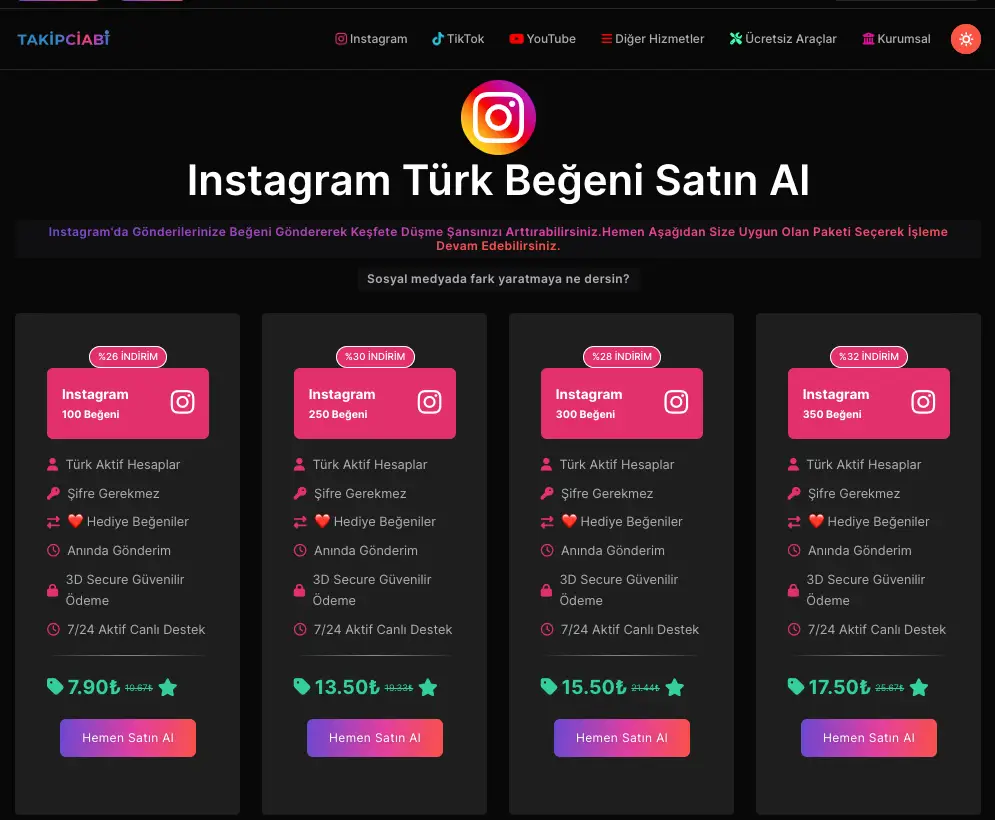 Instagram Türk Beğeni paketleri