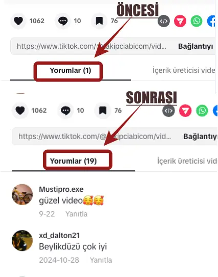 tiktok yorum hilesi öncesi ve sonrası